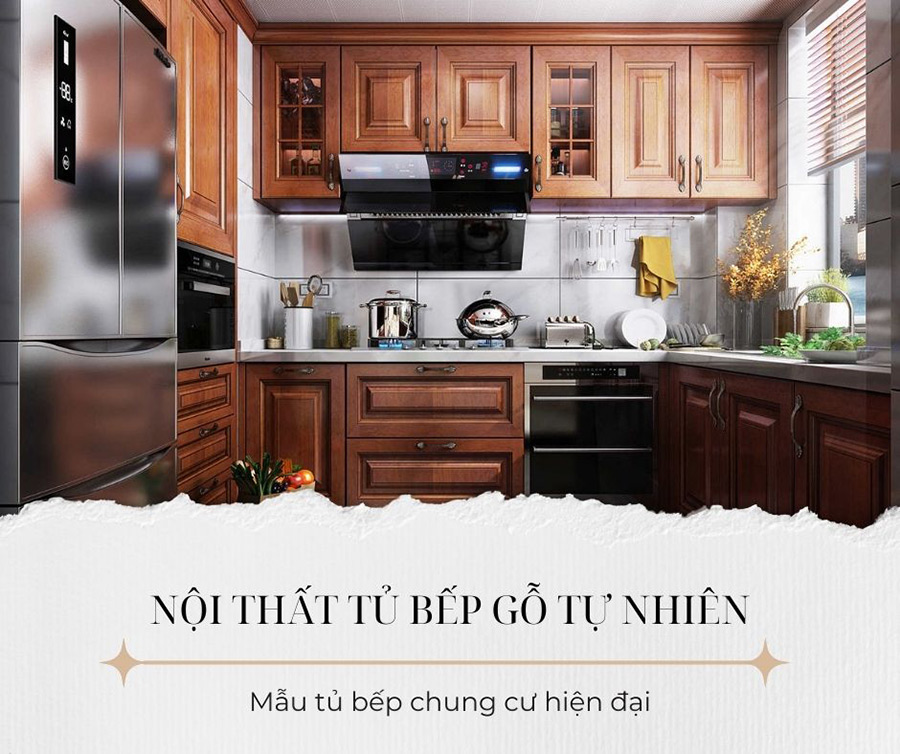  tủ bếp chung cư cao cấp dùng chất liệu gỗ tự nhiên