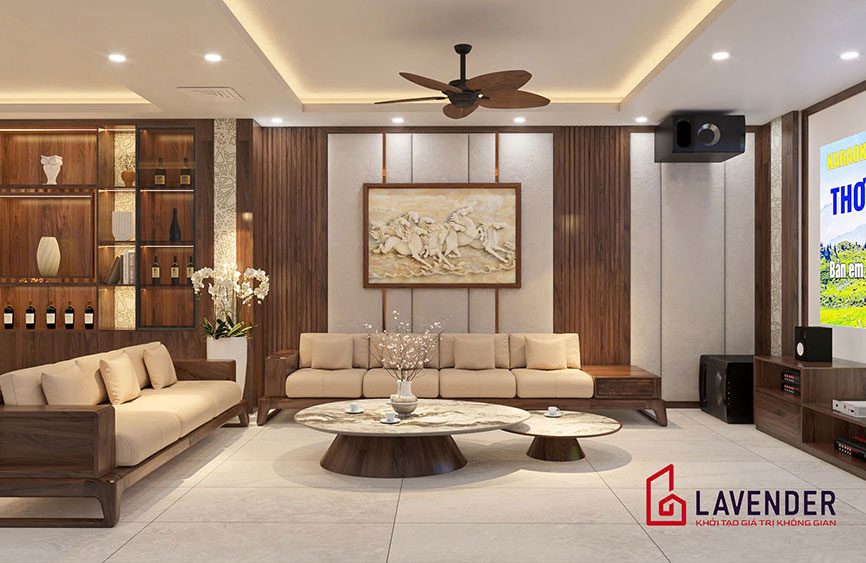 Dự án Thiết Kế Nội Thất Phòng Khách Gỗ Óc Chó Kết Hợp Nỉ Nhung Hiện Đại Tại Hà Nội